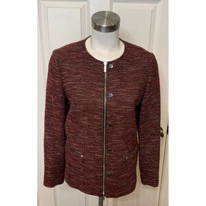 Lafayette 148 New York Red White Tweed Zip-Up Jacket w/ Leather Trim, Size M